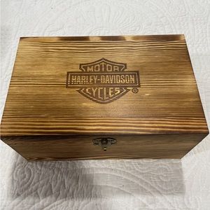HARLEY DAVIDSON HIGH BALL GLASSES SET ENGRAVED LOGO WOODEN BOX SET